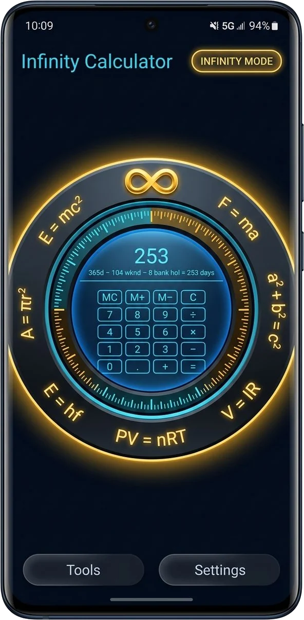 Infinity Calculator on an Android phone: a round instrument with glowing rings of formulas