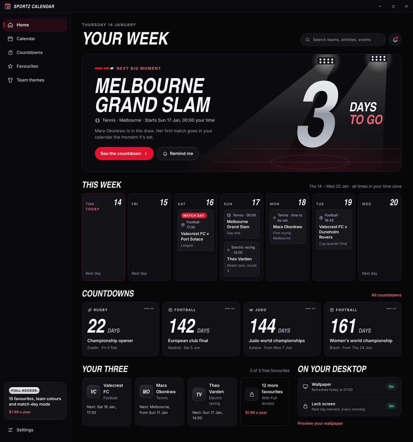 Your favourites, fixtures and countdowns at a glance